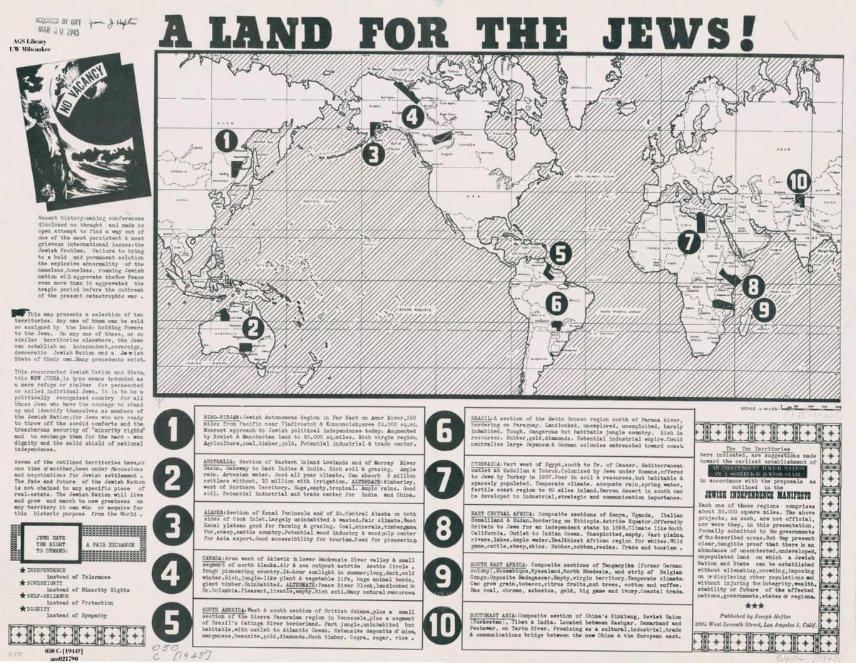 VillegasPoljak's tweet photo. ¿Sabías que suelo venezolano del territorio #Esequibo fue una de las opciones planteadas para instalar un Estado judío 10 años antes de la partición de #Palestina con vistas a la creación de  #Israel en 1948?

Comparto el mapa elaborado en 1938 por Joseph Otmar Hefter, un judío crítico del sionismo, con sus 10 propuestas de "hogar" para los judíos.

Una de ellas está mencionada  como un territorio entre la #Guyana Británica, #Venezuela y #Brasil en esta reseña de @bbcmundo del año 2017 

https://t.co/JEoSYVDFmv

Fíjense cómo se describe  en el mapa el territorio propuesto: “Sección Sur y oeste de la Guyana británica, más una pequeña sección de la región de la Sierra Pacaraima en Venezuela, más un segmento del río fronterizo de la Catinga brasileña. Parte jungla deshabitada, pero habitable, con salida al océano Atlántico. Grandes depósitos de mica, manganeso, bauxita, oro, diamantes. Mucha madera. Copra, azúcar, arroz”.

La nota menciona que Theodore Herzl, fundador del sionismo, consideró a #Argentina como opción para un asentamiento masivo de judíos en una parte de su libro "Der Judenstaat".

El texto de BBC Mundo fue publicado con ligeras variaciones en la página 

https://t.co/J3E8KD9Mr3

#6Nov 
#Venezuela
