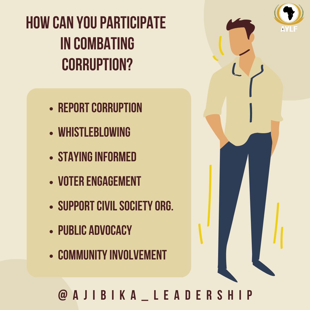 'Join the journey to a corruption-free future! 🤝💪 Discover how you can make a difference and be part of the solution. 🌟

 #AjibikaLeadershipProgram #AYLFKenya #CombatCorruption #BeTheChange #TransparencyMatters'