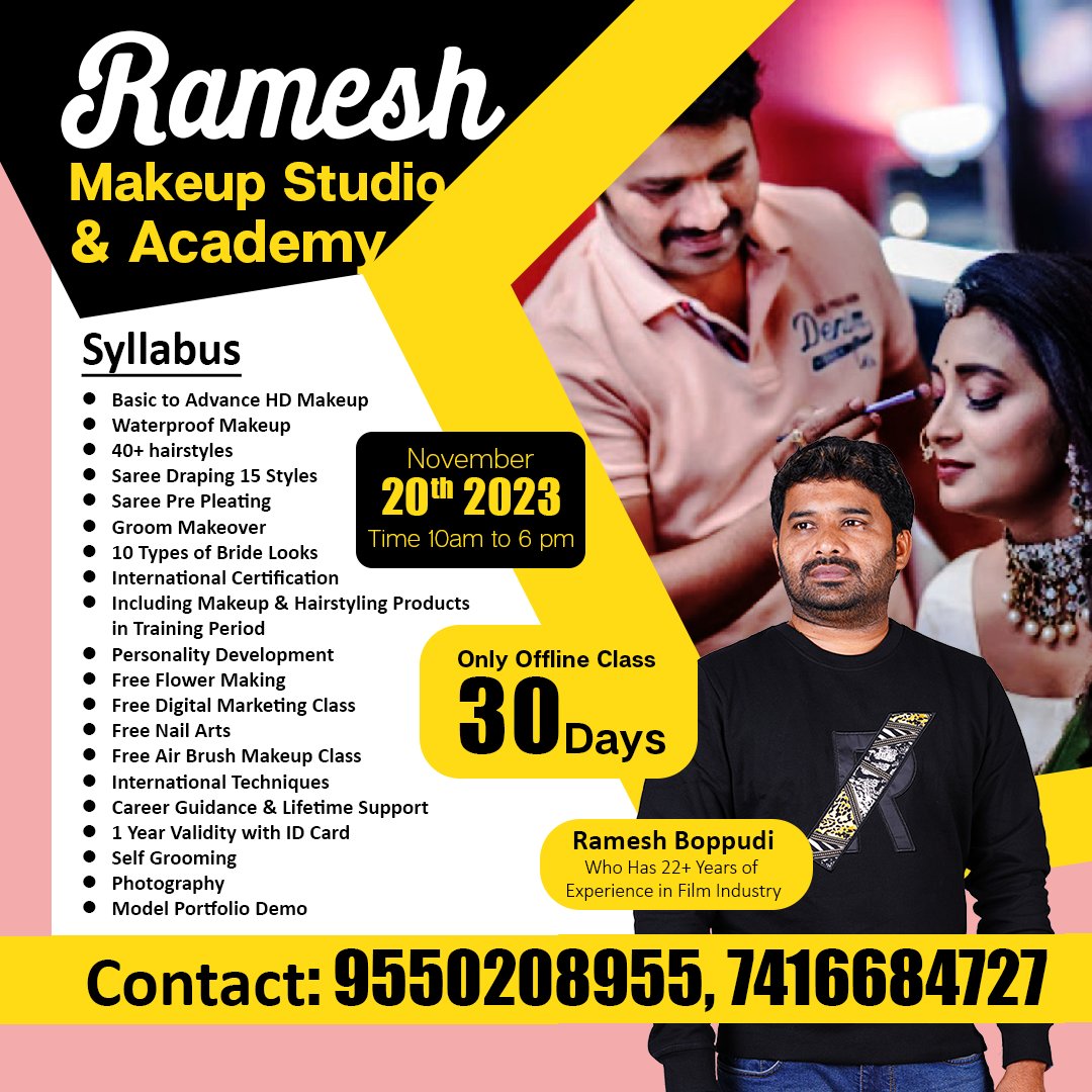 masteradvice123's tweet image. Ramesh Makeup Studio &amp;amp; Academy
Our new batch begins on November 20th, 2023, and it&apos;s an exclusive 30-day offline class from 10 a.m. to 6 p.m.!

Contact us at +919550208955 or +917416684727 (Call or WhatsApp)💃💄🌈

#rameshacademy #MakeupMasterclass #BeautyProfessional #sumantv