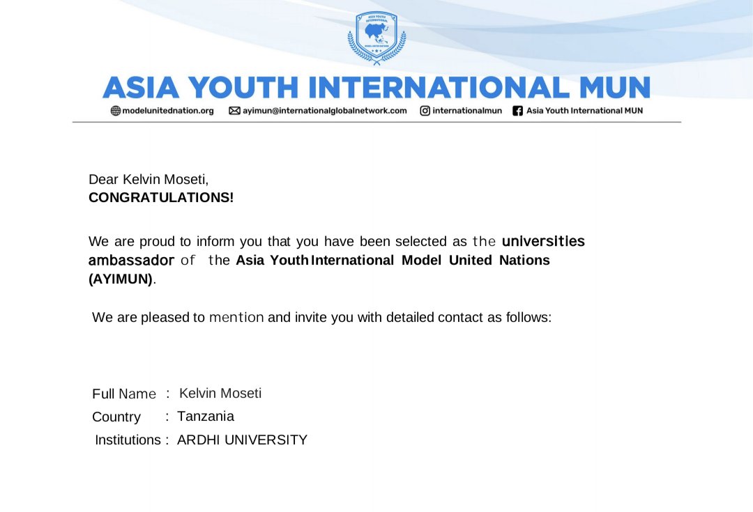 KelvinmosetiAL's tweet photo. This weekend the General assembly of #AYIMUN had a meeting to select delegates of AYIMUN chapter 13 . I'm humbled to be selected as a delegate and AYIMUN UNIVERSITIES AMBASSADOR. https://t.co/g0FmG2oWGY