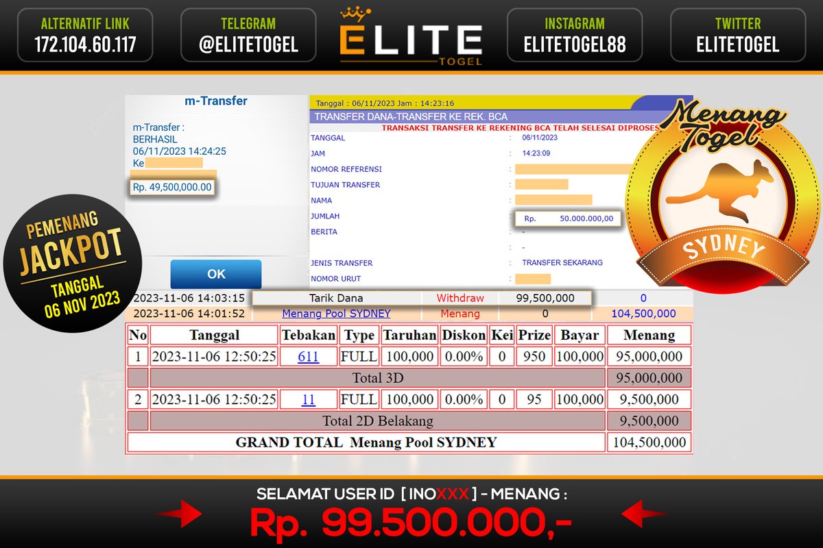 EliteTogel's tweet photo. JACKPOT LAGI !!  

Kami Ucapkan Selamat Kepada User Id : INOxxx sudah memenangkan JACKPOT sebesar 99.500.000 pada Pasaran SYDNEY pada Tanggal 06 November 2023 https://t.co/4VTTpVXBvH