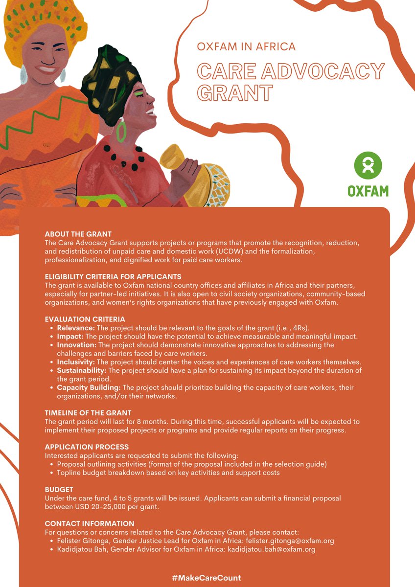 📢 Are you interested in transforming  the nature of care work in Africa ? Are you interested in promoting the recognition and redistribution of unpaid #carework in Africa ?

Then submit your project now for the CARE Advocacy Grant➡️ africa.oxfam.org/africa-care-ad… #carecarecare