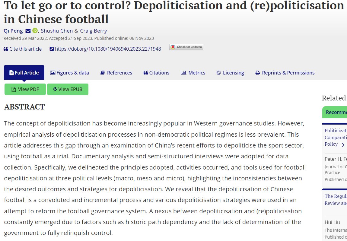 New publication alert! Dr <a href="/Qi_Peng2015/">Dr Qi Peng</a> and her research team examined China’s recent efforts to depoliticise the sport sector, using football as a trial. Published in the <a href="/IntJSPP/">IJSPP</a>, the paper is available to read through this link: tandfonline.com/doi/full/10.10…