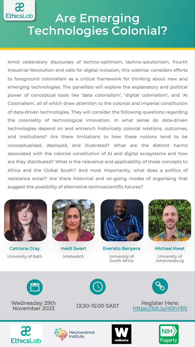 📣 Webinar “Are Emerging Technologies Colonial?”
📅 29 November 2023
⏰ 13:30-15:00 SAST
Register here: bit.ly/40hY61j

#AIEthics #ArtificialIntelligence #data #dataprotection #ethics #EmergingTech #digitalcolonialism #datacolonialism #AIColonialism #digitalapartheid