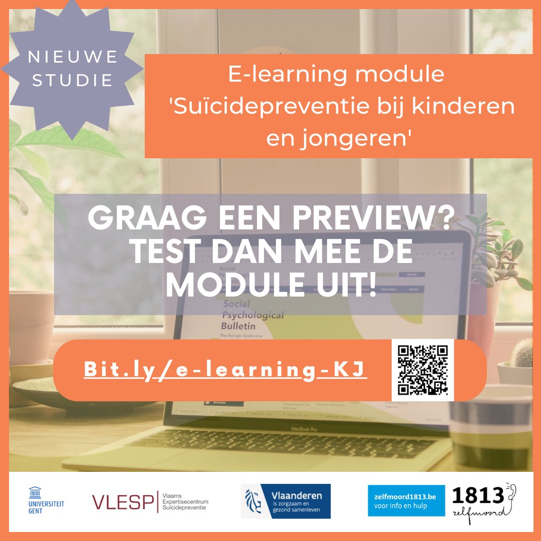 Werk je als hulpverlener met kinderen en jongeren? Test dan nu onze nieuwe e-learningmodule uit over suïcidepreventie bij kinderen en jongeren. Jouw feedback helpt ons op weg! Deelnemen kan via: bit.ly/e-learning-KJ