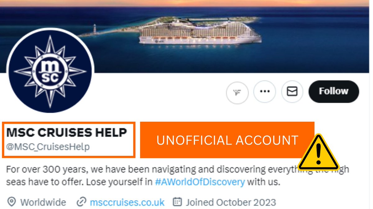 MSCCruises_PR's tweet photo. ⚠️We're aware of the below profile posing as an official MSC Cruises customer channel. Please do not provide personal information to this account, it is fraudulent and we have reported it. 

You can find official MSC Cruises contacts online at: https://t.co/pNGufLe1TA https://t.co/u5cgyqYRPA