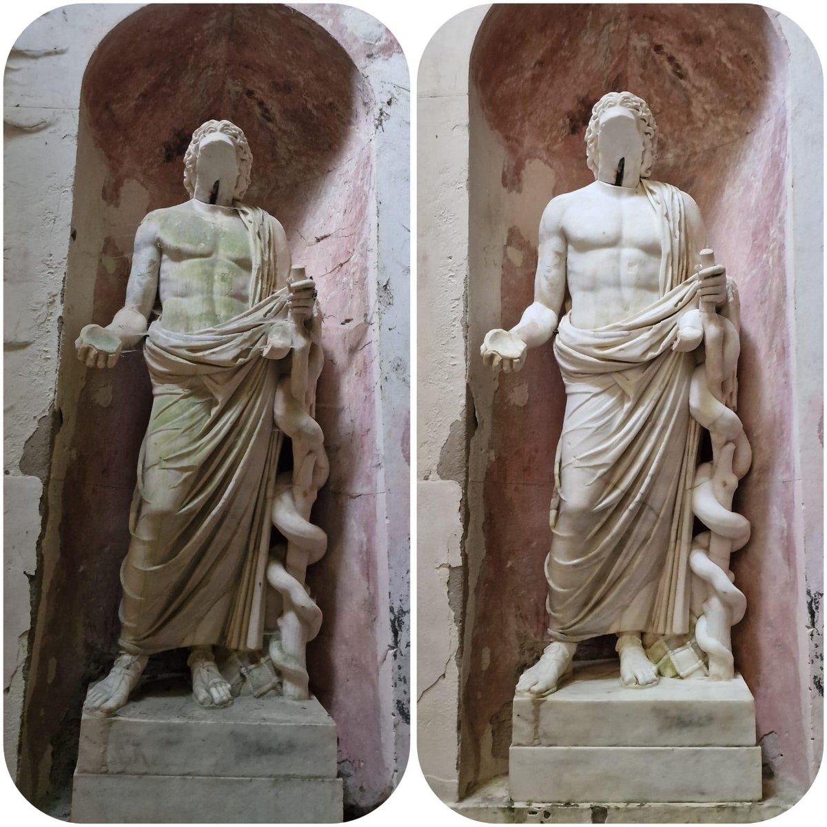 reggiadicaserta's tweet photo. Nel giorno di chiusura alla #ReggiadiCaserta ci prendiamo cura del nostro patrimonio con i #RestauriReali! Alla statuaria del criptoportico nel #GiardinoInglese è stato eseguita una pulitura a secco di ragnatele e depositi incoerenti per poi concludere con acqua distillata. https://t.co/xWN0wyJKMB