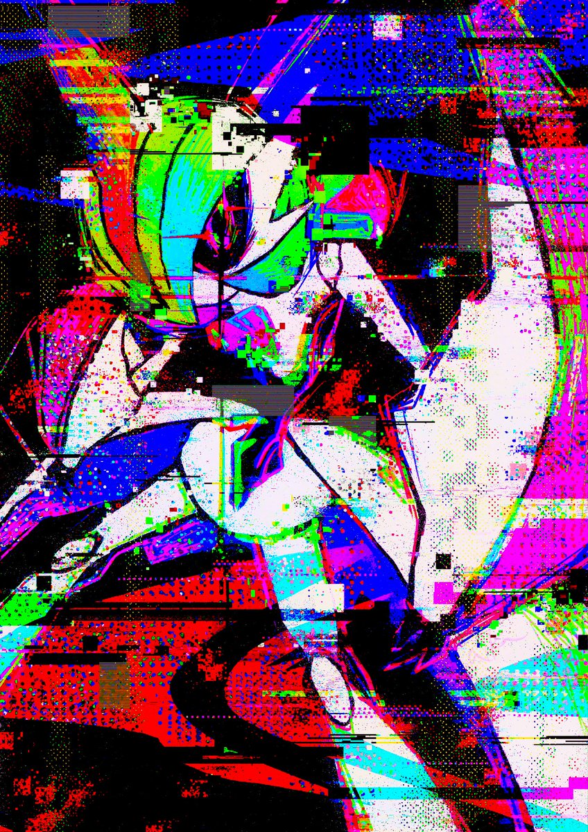 solo glitch pokemon (creature) abstract colorful green hair looking at viewer  illustration images