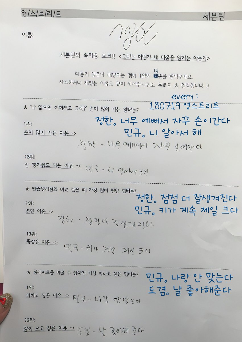 everysvt214's tweet photo. [세븐틴/95즈] 깜찍한 설문지 
180719 영스트리트 

윤정한 컨셉 봐 ㅋㅋㅋㅋㅋㅋㅋㅋㅋㅋ
슈아는 맞춤법이 귀엽 ! 

#세븐틴 #SEVENTEEN #SVT
#SVT_QnA #세븐틴인터뷰 #95z
#에스쿱스 #최승철 #Scups 
#정한 #윤정한 #jeonghan 
#조슈아 #홍지수 #joshua https://t.co/bLTuD699lt