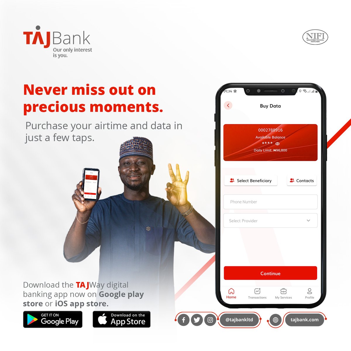 TAJBankLtd's tweet photo. TAJWay Mobile Banking App allows you to save a portion of your expenses with every spend.  ​

Start building your savings one transaction at a time.  ​

Download TAJWay today.​

#Ouronlyinterestisyou https://t.co/tBRwvdoOk4