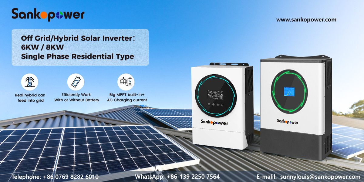 sunnylouis14's tweet photo. SankoPower Hybrid solar inverter SolarPolo 6KW &amp; 8KW:

Pure sine wave, single phase, 220VAC
120Ah MPPT build-in, WIFI on optional
With parallel function, can feed into the grid

When solar energy is insufficient, it can switch to the mains/utility without delay to ensure supply https://t.co/6qFlWNFAkZ
