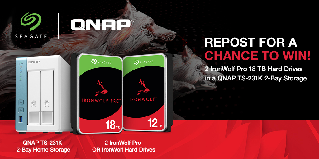 Seagate's tweet image. Up your storage game! Stand a chance to win 2 x IronWolf Pro 12 or 18 TB Hard Drives, in a QNAP TS-231K 2-Bay Home NAS 🔥
 
1️⃣ Retweet this post
2️⃣ Follow @Seagate &amp;amp; @QNAP_nas 
 
*For legal residents stated in T&amp;amp;Cs: seagate.media/60169AU9w
 
#Seagate #NAS #QNAP #IronWolfPro