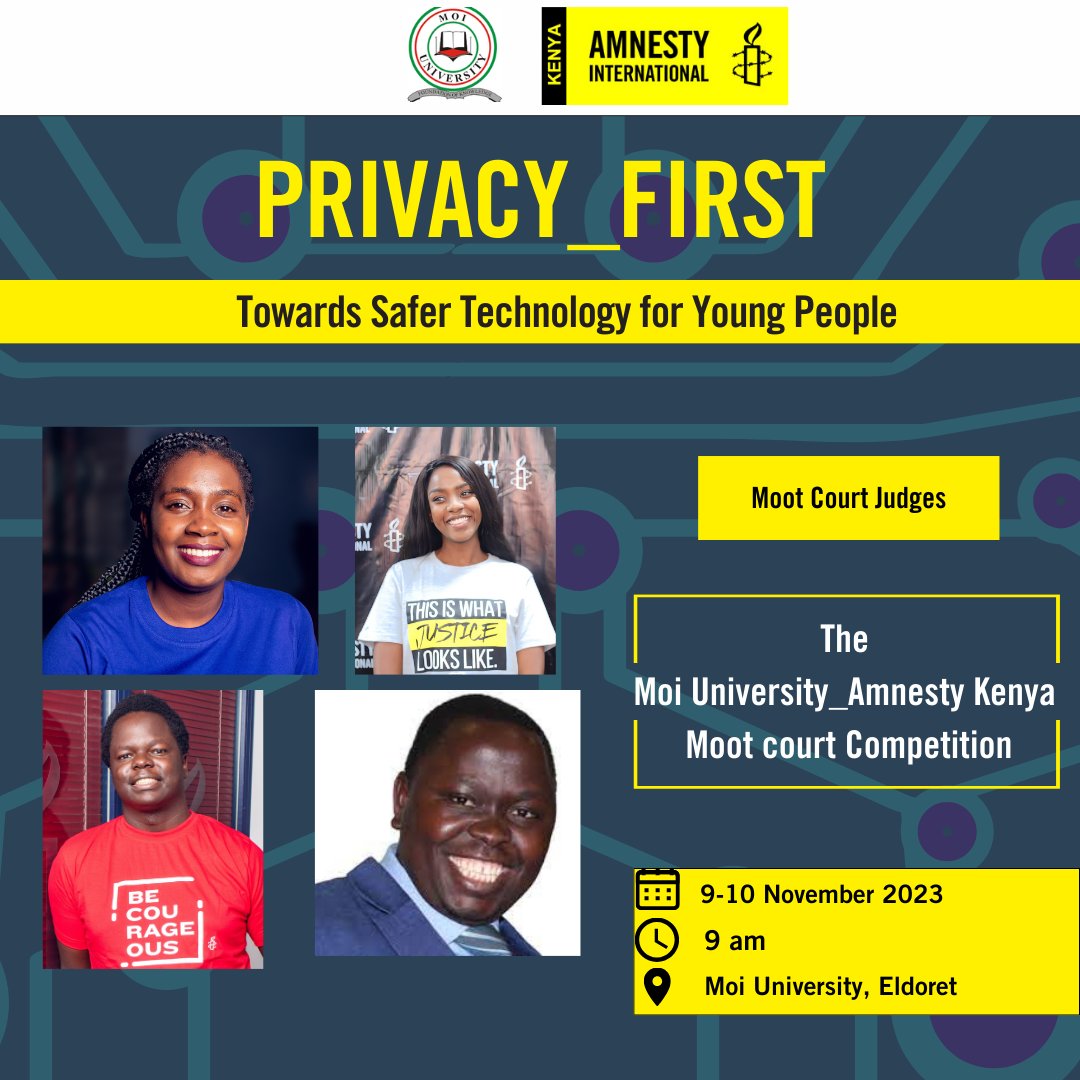 AmnestyKenya's tweet photo. Heard the buzz on the Moot Court Competition?
12 top-notch universities will participate this year that seeks to engage and inspire young people to press for a safer internet. Meet this year’s Moot Judges!
#PrivacyFirstKE #DigitalRightsKE https://t.co/mag83AXRja