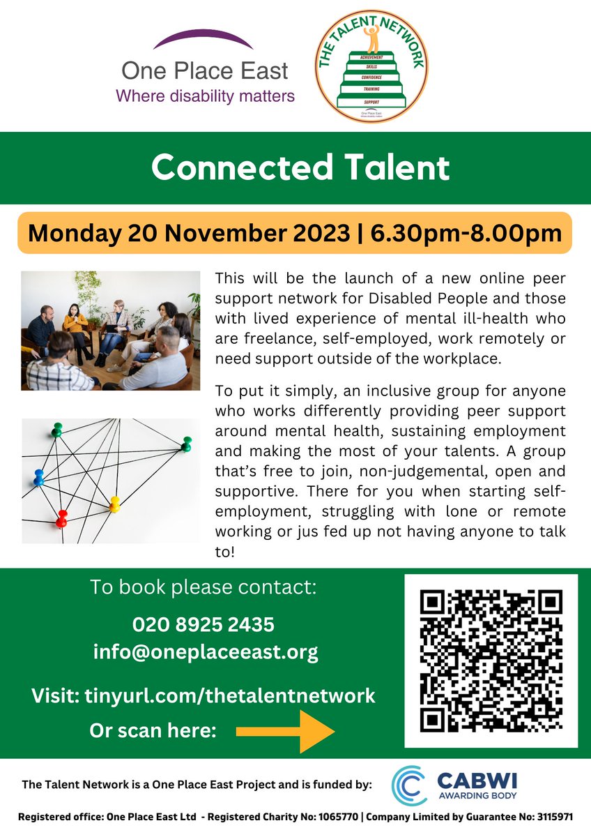 Monthly inclusive online peer support network for Disabled People and those with lived experience of mental ill-health in work or self-employed launches Monday 20th Nov 6.30pm – 8pm for @oneplaceeast. Join us for a chat and a chill 😀