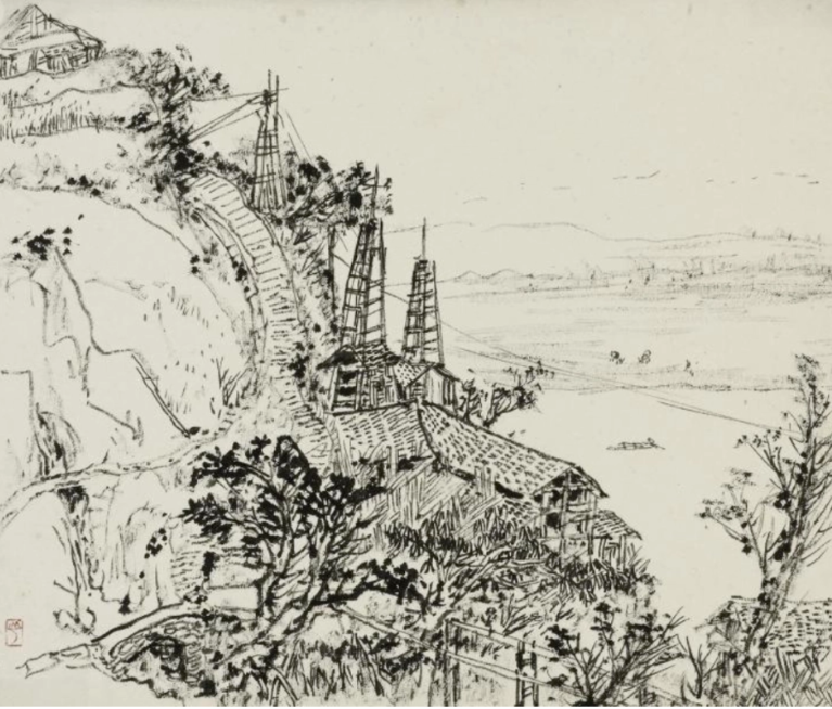 kaijunart's tweet photo. Salt Well in Chongqing, 1940, By Guan Shanyue

Salt well is used to mine salt from caverns or deposits. 
#chinesepainting #chineseketch #guanshanyue https://t.co/EXitkCQVlX