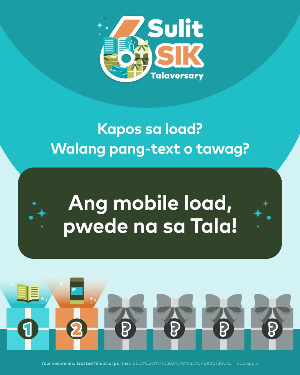 TalaPhilippines's tweet image. Prepaid load? Pwede na sa #Tala! Salamat sa mas pinasiksik at mas magandang Tala app experience, pwedeng-pwede nang magpa-load gamit ang Tala credit! #mobileload #SulitSikSikTalaversary

Mag-load na sa Tala app, ka-Tala! Download the app here: gotala.co/TalaPH