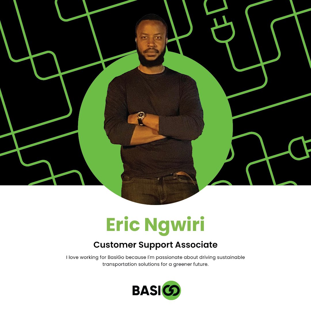 BasiGoKenya's tweet photo. Meet Eric Ngwiri, our Customer Support Associate. Eric loves working for BasiGo since he is passionate about driving sustainable transport solutions for a greener future.
#BasiGoTeam #BasiGoMovement https://t.co/53MpGp39dd
