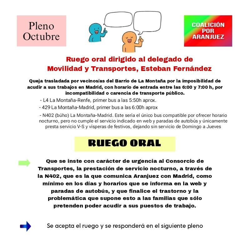 Pregunta oral sobre salas de cine y bolera, dirigida a Miguel Gómez (PP), y ruego oral sobre necesidad de servicio de transporte público, dirigido a Esteban Fernández (VOX), que presentamos en el pleno de Octubre.