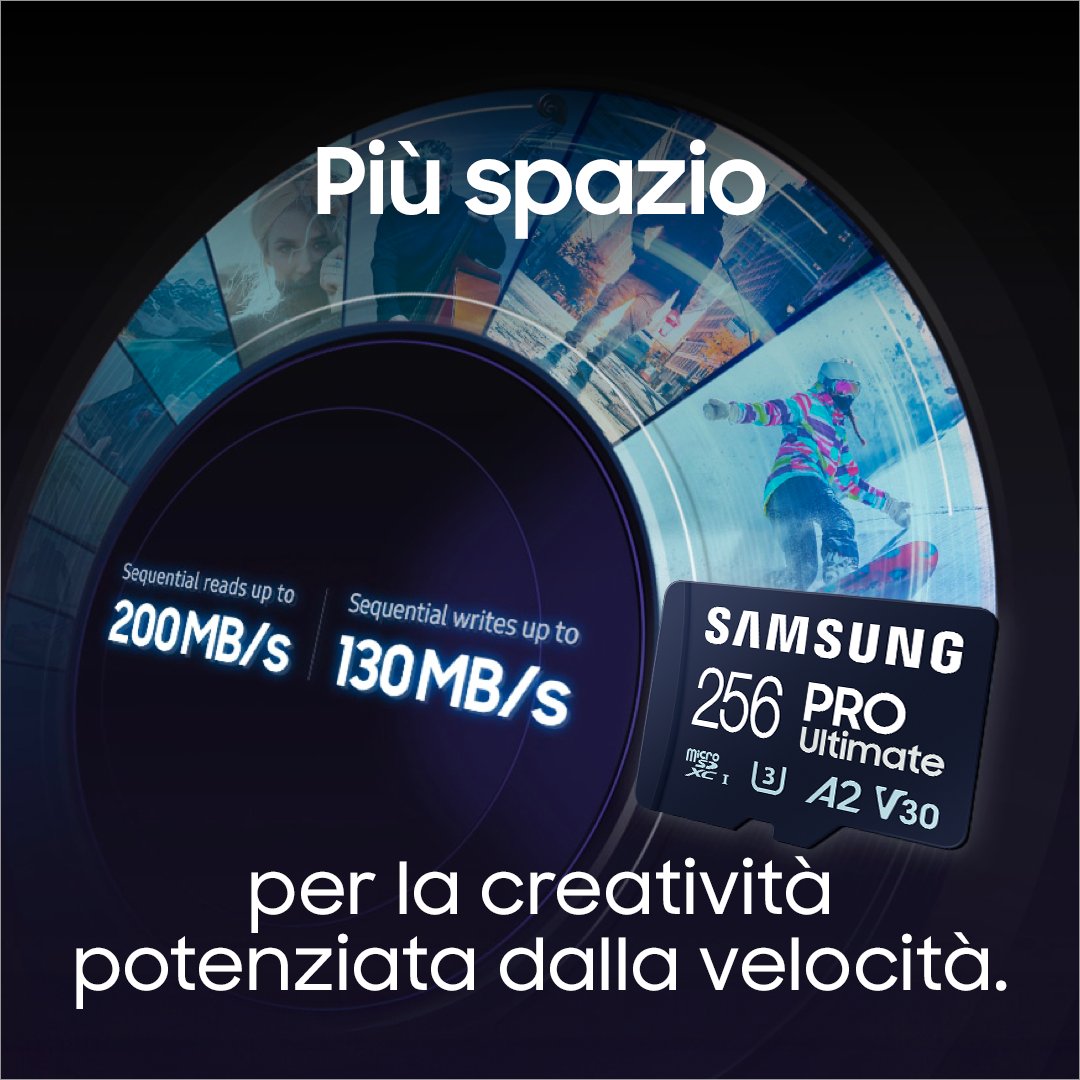 SamsungItalia's tweet photo. La #MemoryCard incredibile in fatto di sicurezza e velocità è ora disponibile. Scopri #microSD Card #PROUltimate; studiata per tutti i tipi di attività: professionali, creative e di puro divertimento. https://t.co/2Z5Ih85C2O