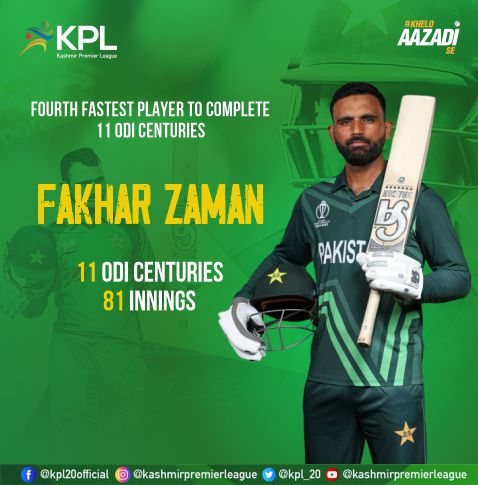 kpl_20's tweet photo. Fakhar Zaman the master blaster, is the fourth fastest player ever to score 11 Hundreds in ODIs.
The Navy Boy is behind Hashim Amla, Quinton De Kock and Babar Azam in terms of innings. 🏏
#IccMensCricketWorldCup2023 #KPL #kplseason3 #KheloAzaadiSe https://t.co/JDXULHnVyG