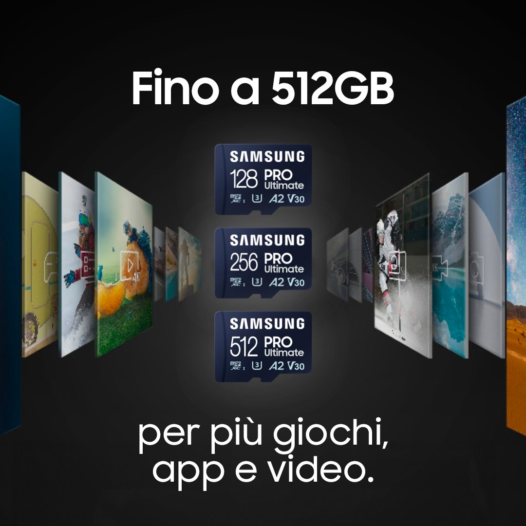 SamsungItalia's tweet photo. La #MemoryCard incredibile in fatto di sicurezza e velocità è ora disponibile. Scopri #microSD Card #PROUltimate; studiata per tutti i tipi di attività: professionali, creative e di puro divertimento. https://t.co/2Z5Ih85C2O