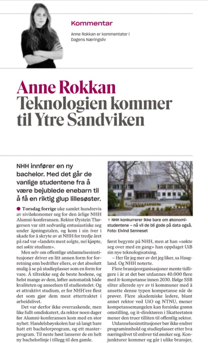 Anne Rokkan (@annerokkan) on Twitter photo Spennende opplegg på <a href="/NHHnor/">NHH Norwegian School of Economics</a>! En linje for tek-spesialisering er smart gjort av skolen, bra for samfunnet, men kjedelig for studenter som liker å snakke om at de går på elitestudie. De vil nok oppdage at denne spisskompetansen også skinner fint over på dem selv. Spennende opplegg på <a href="/NHHnor/">NHH Norwegian School of Economics</a>! En linje for tek-spesialisering er smart gjort av skolen, bra for samfunnet, men kjedelig for studenter som liker å snakke om at de går på elitestudie. De vil nok oppdage at denne spisskompetansen også skinner fint over på dem selv.