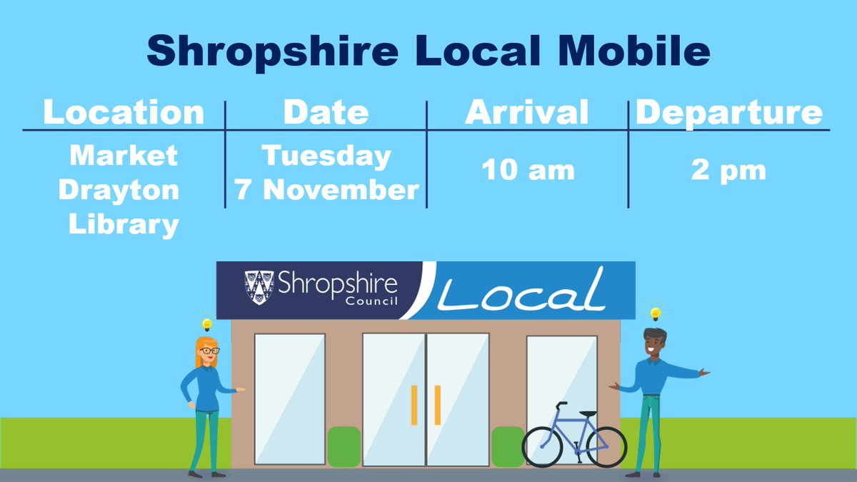 🏣 Our Shropshire Local Mobile service will be at Market Drayton Library on Tues 7 Nov. 🙂 Our friendly advisors will be on hand to offer advice & guidance on how to access council services and support from other organisations. 👉 Find your nearest Local:orlo.uk/Lq7CK