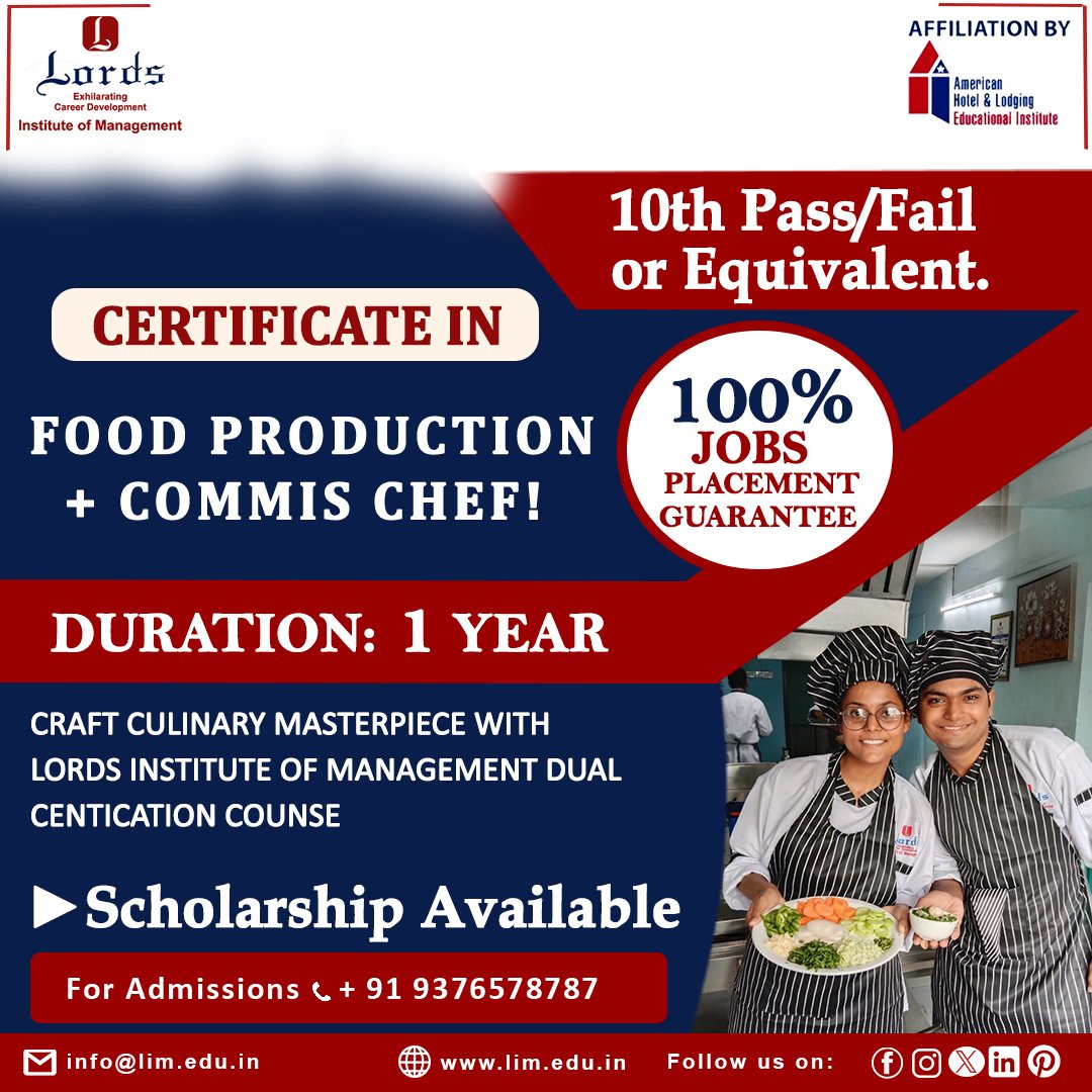 limedusurat's tweet photo. Explore Your Culinary Dreams with Our Certificate in Food Production!
Duration: 1 Year
Eligibility: 10th Pass/Fail Or Equivalent
.For more details and admissions,
contact us at +91 9376578787
Visit Now At https://t.co/y166IRRqNf
#culinaryschool #Culinary #CookingInstitute https://t.co/tiayqfewVE