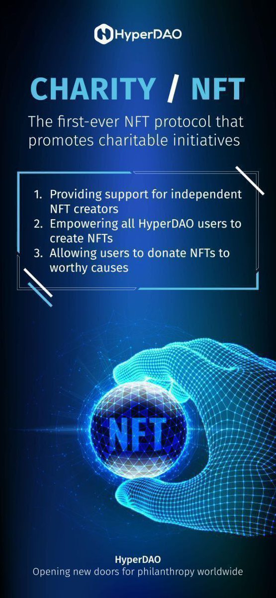 Hdao_Official's tweet photo. Charity x NFT
The first-ever NFT protocol that promotes charitable initiatives

1. Providing support for independent NFT creators
2. Empowering all HyperDAO users to create NFTs
3. Allowing users to donate NFTs to worthy causes

Opening new doors for philanthropy worldwide https://t.co/RIuqT5hIkQ