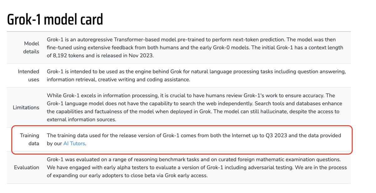 OpenTrainAI's tweet image. Grok-1 by @xai utilized "AI Tutors", or human subject matter experts to create custom training data &amp;amp; provide RLHF.

We're making this easy for anybody to do this with OpenTrain.ai: The data labeling marketplace to find, hire, &amp;amp; pay training data experts for ANY data…