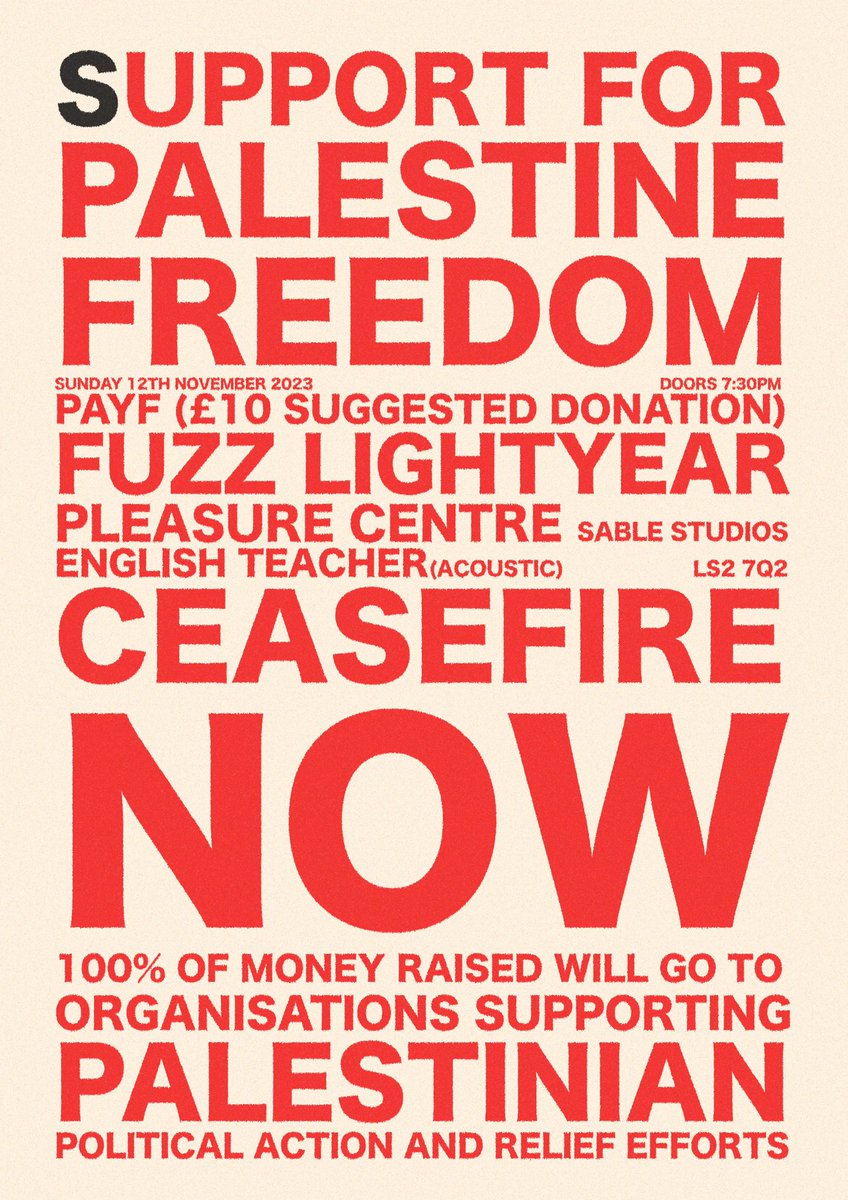 PLEASURE CENTRE (@pleasurecentre_) on Twitter photo Here is a last minute show with <a href="/Englishteac_her/">English Teacher</a> and <a href="/FuzzyLightyears/">Fuzz Lightyear</a> in support of Palestinian causes.
Help put this to end.
Ticket link: seetickets.com/event/support-…
Poster by Lily Fontaine Here is a last minute show with <a href="/Englishteac_her/">English Teacher</a> and <a href="/FuzzyLightyears/">Fuzz Lightyear</a> in support of Palestinian causes.
Help put this to end.
Ticket link: seetickets.com/event/support-…
Poster by Lily Fontaine