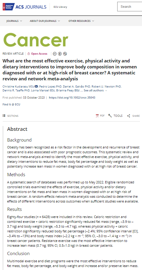 Rob Newton (@profrobnewton) on Twitter photo Latest paper from our team at <a href="/EMRI_ECU/">Exercise Medicine Research Institute</a>.
We report that multimodal exercise and diet programs were the most effective interventions to reduce fat mass, body fat percentage, and body weight and increase and/or preserve lean mass in women diagnosed or at high risk of breast cancer. Latest paper from our team at <a href="/EMRI_ECU/">Exercise Medicine Research Institute</a>.
We report that multimodal exercise and diet programs were the most effective interventions to reduce fat mass, body fat percentage, and body weight and increase and/or preserve lean mass in women diagnosed or at high risk of breast cancer.