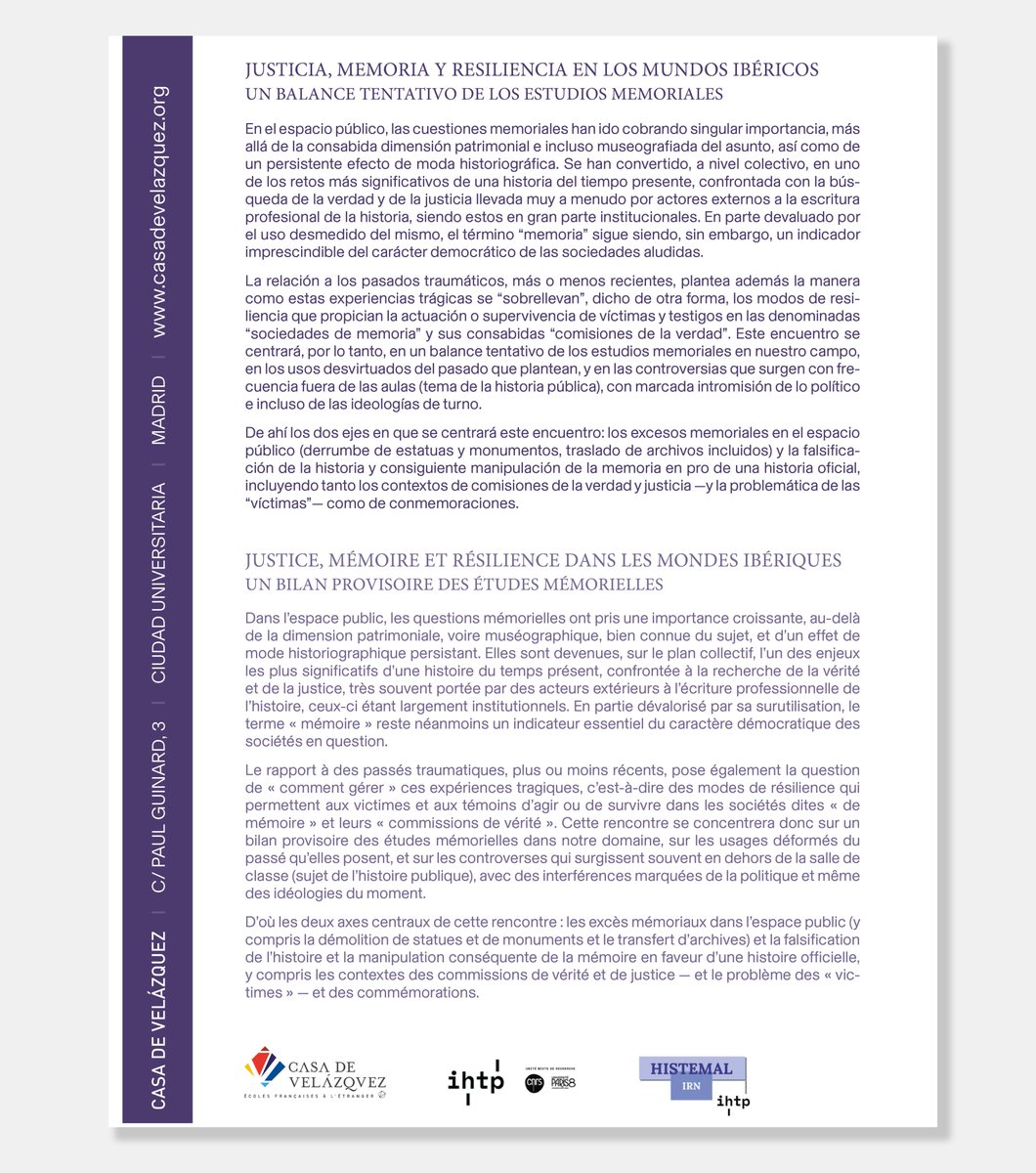 casadevelazquez's tweet photo. 🆙📣#Recordad que #hoy, a las 15:00, empiezan las jornadas de estudios IRN-HISTEMAL, bajo el título "Justicia, memoria y resiliencia en los mundos ibéricos".
📺¿No estáis en Madrid? ¡También se podrán seguir #online!
🔗Info completa y link de acceso https://t.co/D49rnWEo06 https://t.co/lv95KZFZac