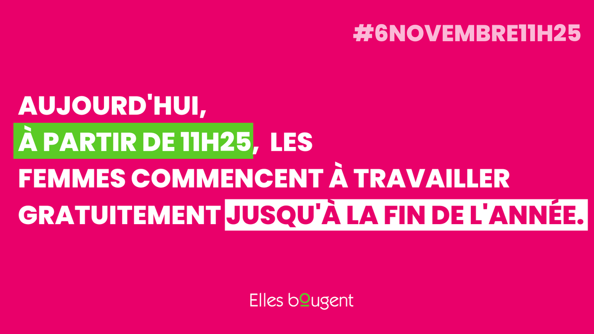 📣 #6novembre11h25 
🙅‍♀️ Les femmes pourraient s’arrêter de travailler le 6 Novembre à 11h25 et 19 secondes si elles étaient payées avec un taux horaire moyen similaire aux hommes tout en gagnant ce qu’elles gagnent aujourd’hui (toujours en moyenne) à l’année.
1/2