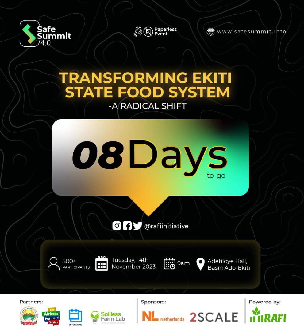 It’s 8 days to the long awaited Safe summit 4.0 💃💃💃

If you’ve been a part of our past Summits , we bet you can attest to how value packed its has been.

For further details on the summit, please visit safesummit.info.

See you next Tuesday!

#safesummit #agriculture