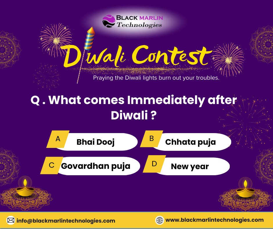 🪔 Diwali Quiz Contest - Test Your Diwali Knowledge! 🪔

🤔Put your knowledge to the test in our Diwali Quiz Contest! 

🎁Answer these fun Diwali-themed questions and make this festive season bright✨

 #DiwaliQuizContest #FestivalOfLights #Diwali2023 #DiwaliLights #DiwaliDiyas