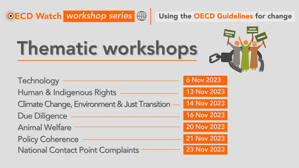 📣Ready to use the OECD Guidelines for change?
Our workshop series for civil society is now in its second week. Let's delve into how the Guidelines intersect with your work.
🗣️Voice your #CorporateAccountability priorities &amp; concerns. Sign up now👇
oecdwatch.org/oecd-watch-wor…