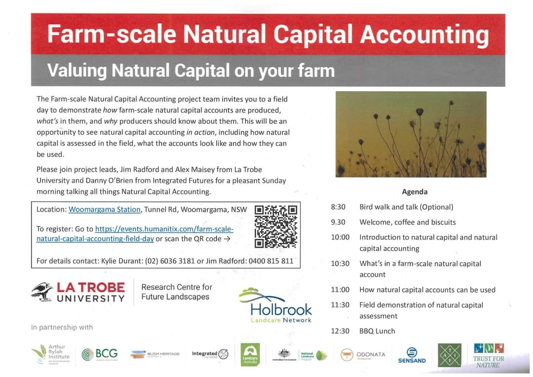 Join LaTrobe University, Woomargama Station and HLN for a Farm-scale Natural Capital Accounting Field Day on Sunday 26th Nov. Optional Bird walk at 8.30am (to fit in with #GSB2023 !) and field day starts at 9.30 #refreshingrivers events.humanitix.com/farm-scale-nat…