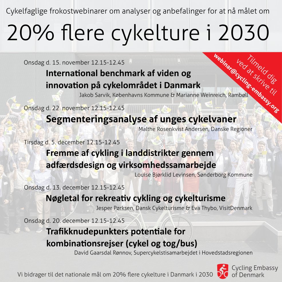 Cykelambassaden er glade for at kunne invitere til en række spændende cykelfaglige frokostwebinarer. Webinarerne tager kun 30 minutter, så tag din frokost med og lad os spise sammen. Tilmeld dig ved at skrive til webinar@cycling-embassy.org