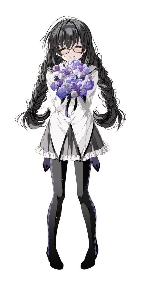 akemi homura 1girl solo long hair black hair flower skirt glasses  illustration images