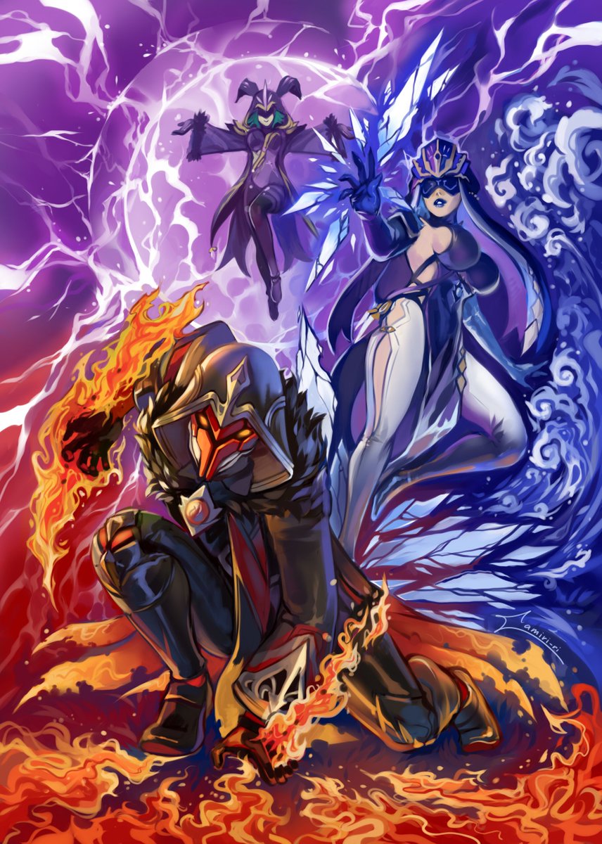 Amiri_ri_ri_ri's tweet image. О, разрешили публикацию артов из зина
У меня была зацикленность на деве в момент утверждения скетчей, но её одну было как-то бедно рисовать, поэтому такая веселая троица заставила меня помучиться с цветами.
#genshin_fatui #mirrormaiden #pyroagent #cicinmage