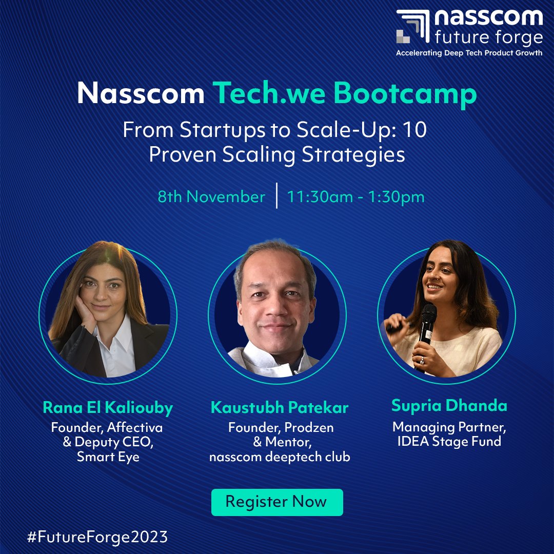 nasscomstartups's tweet image. Join us for the #Nasscom Tech.we Bootcamp session titled “From Startups to Scale-Up: 10 Proven Scaling Strategies” on Day 2 of #NasscomFutureForge2023 | In-person event, 8th of November at 11:30 AM.

Ensure that you book your tickets today: nasscom.in/futureforge