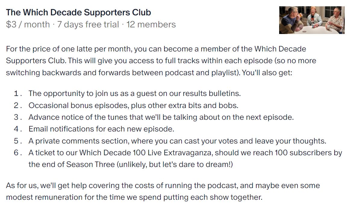 Here's a reminder of what joining the Which Decade Supporters Club will give you. Come on, let's make this Chicory Tip gig a reality!