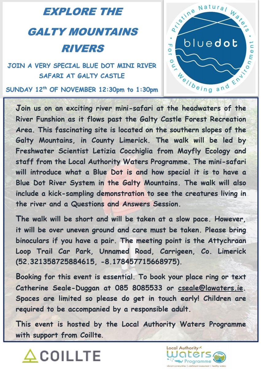 BlueDotWaters's tweet photo. Join our #BlueDot mini safari exploring the headwaters of the #Funshion River in the beautiful #Galtee mountains.
Please note that booking is essential.
๐
Sunday 12 November
โฒ๏ธ 12.30 to 13.30
๐ Attychraan Loop Trail Car Park, Carrigeen, #Limerick
@coilltenews https://t.co/qxkJQ8I1gi