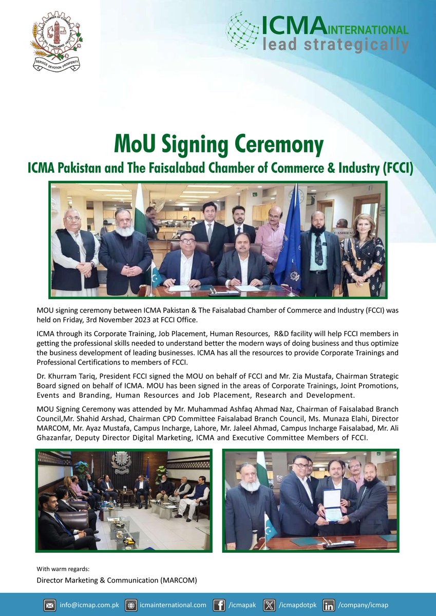 icmapdotpk's tweet photo. #MOU #FCCI #ICMA #CorporateTraining #HumanResources #JobPlacement #JointPromotion #Events https://t.co/tiLAtjRrLd