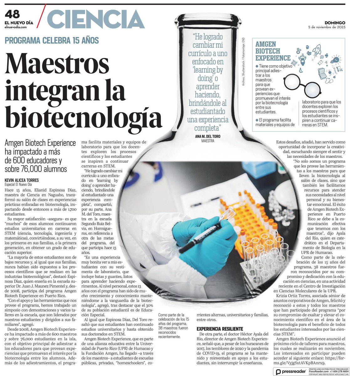 [Ciencia] Desde 2008, <a href="/ABE_UPRH_PR/">Amgen Biotech PR</a> ha impactado a más de 600 maestros y sobre 76,000 estudiantes en la isla, con el objetivo principal de adiestrar a los educadores para que provean experiencias que promuevan el interés por la biotecnología. 🧵 1/4

<a href="/AmgenFoundation/">Amgen Foundation</a> <a href="/UPR_Oficial/">UPR</a>