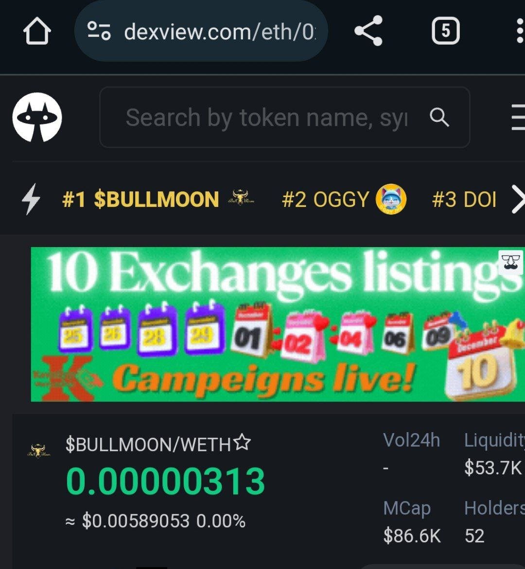 BullMoonarmy's tweet photo. $BULLMOON is now trending #1 on @dexview!

Making money moves already before launch.

https://t.co/8eiBSX3RM1 https://t.co/aglLeLZGsQ