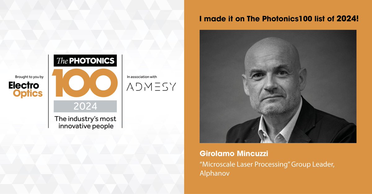👏 Congratulations to Girolamo Mincuzzi who has been selected to be part of the Photonics 100 as one of the most innovative people in the photonics industry. 

To find out more about the Photonics100, click here 👉 electrooptics.com/thephotonics100

#ALPhANOV #Photonics100 #ElectroOptics