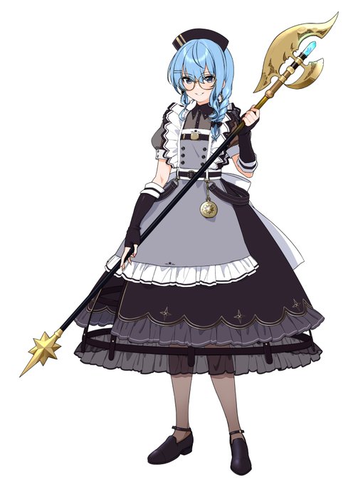 そういえばちゃんとバトルメイド衣装のすいちゃんを描いた事が無かったのでバルディッシュの切先から靴先までしっかり描きました✍️ うーん高カロリー(スリットから覗くクリノリンとか) #ほしまちぎゃらりー