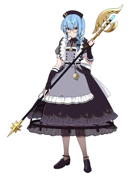 そういえばちゃんとバトルメイド衣装のすいちゃんを描いた事が無かったのでバルディッシュの切先から靴先までしっかり描きました うーん高カロリー(スリットから覗くクリノリンとか) #ほしまちぎゃらりー